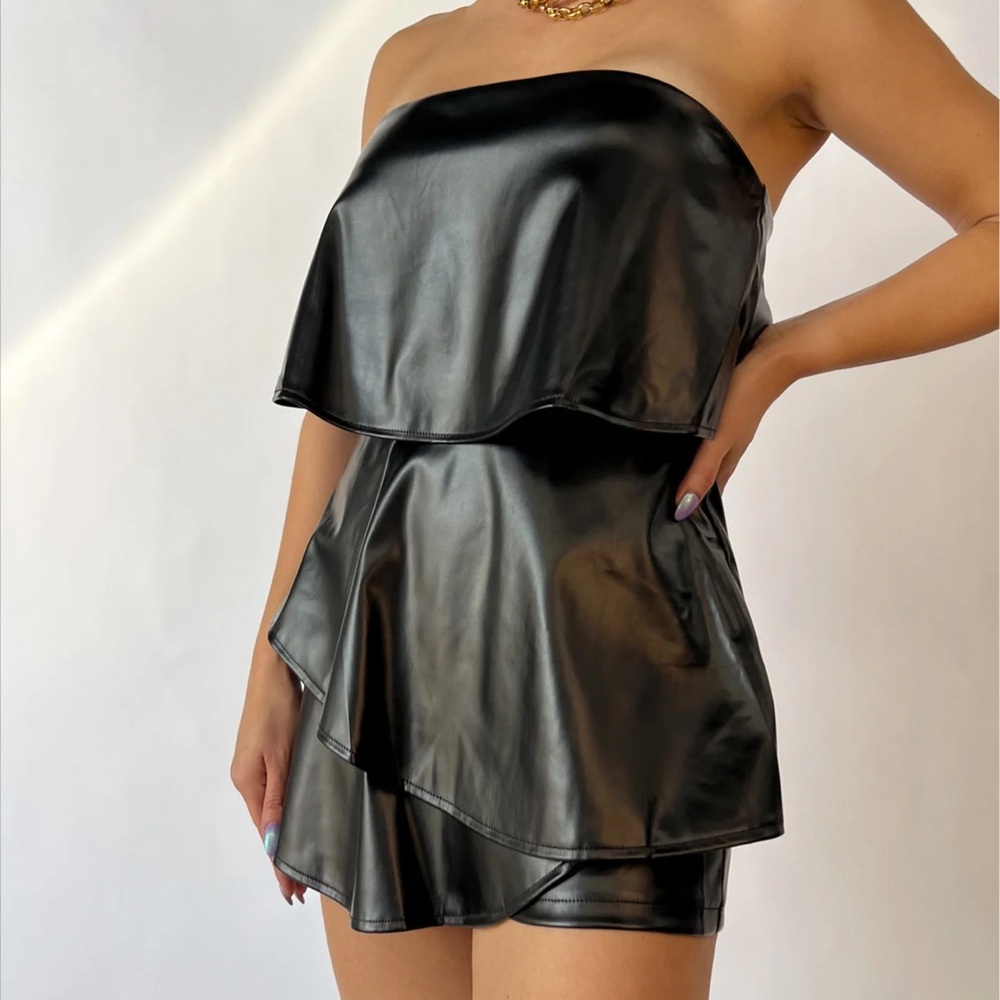 Black Pleather Strapless Romper, Size Medium